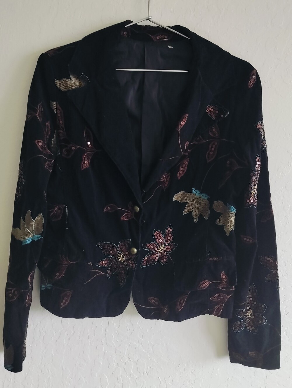 Vintage Italian Black Velvet Blazer with Floral Sequin Embroidery Cotton Large